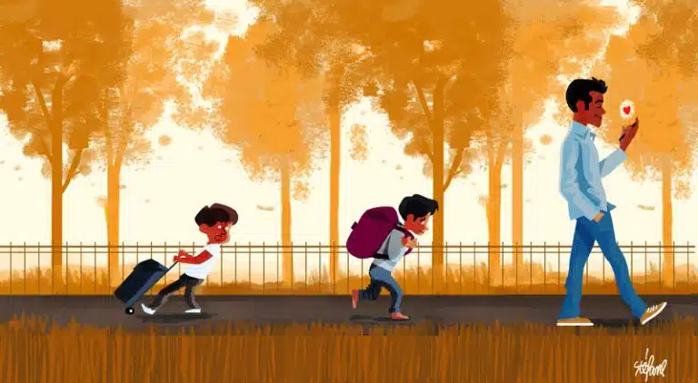 papa et ses enfants sur la route de l'école